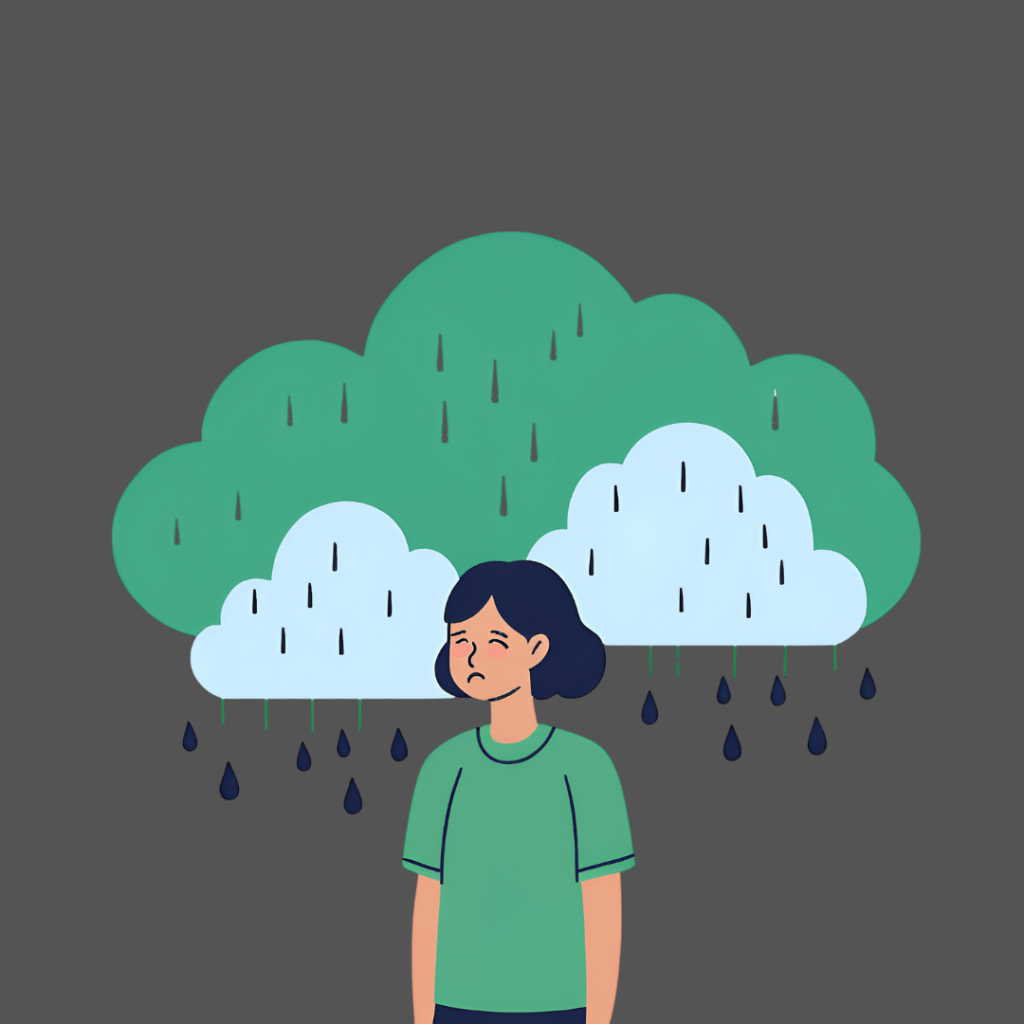 Girl depressed with giant raincloud over her head