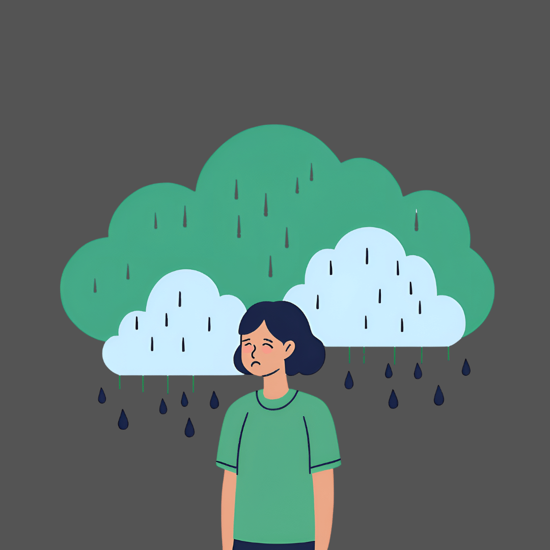 Girl depressed with giant raincloud over her head 