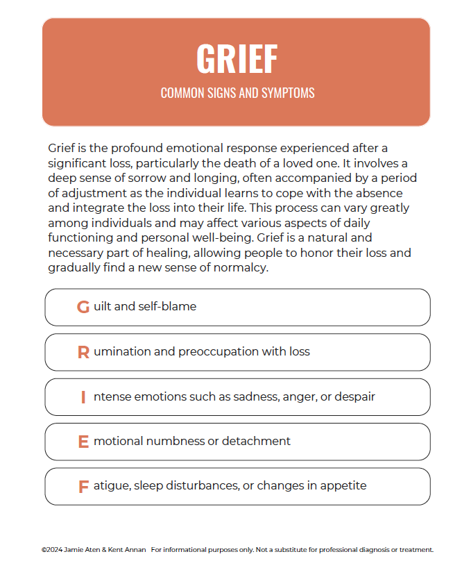 a list of symptoms describing grief