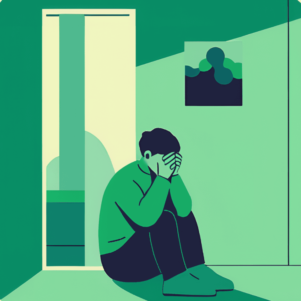 illustration of a man looking scared in his room